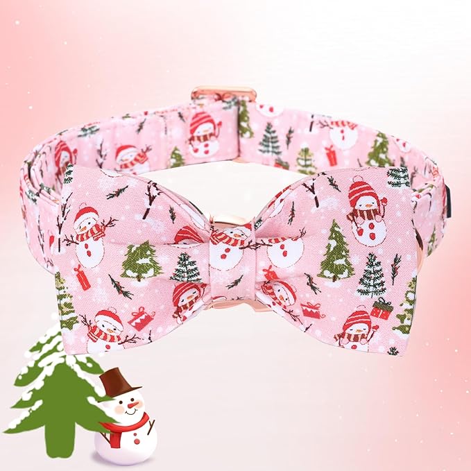 Bobo Rainbow Christmas Dog Collar, Christmas Tree and Snowman Print Cute Winter Holiday Collars Cotton Adjustable Comfortable Pink Dog Collar with Bow,Stylish Collars for Small Girl Dogs