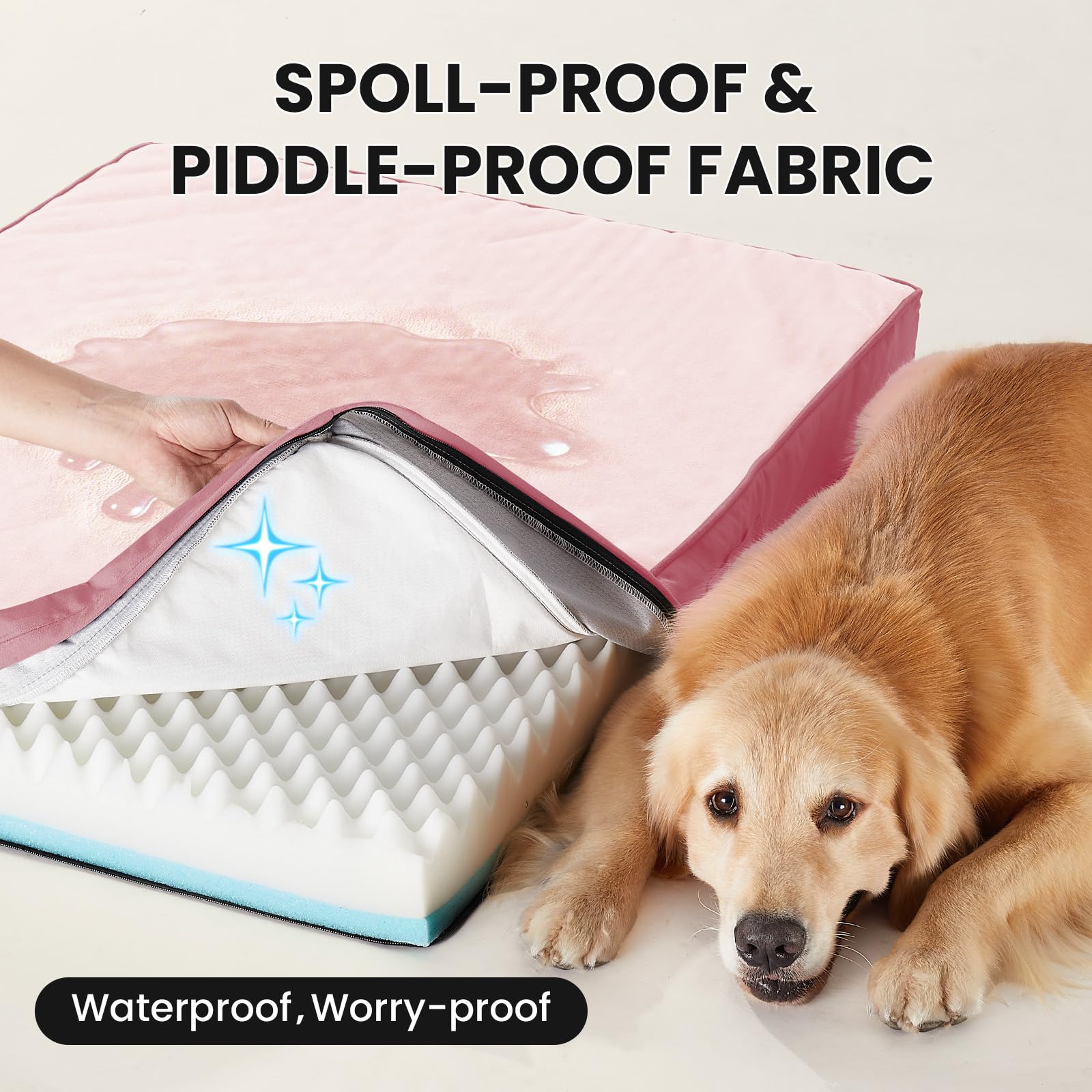 OhGeni Orthopedic Waterproof Large Dog Bed, Memory Foam, 41 inch(Pink)
