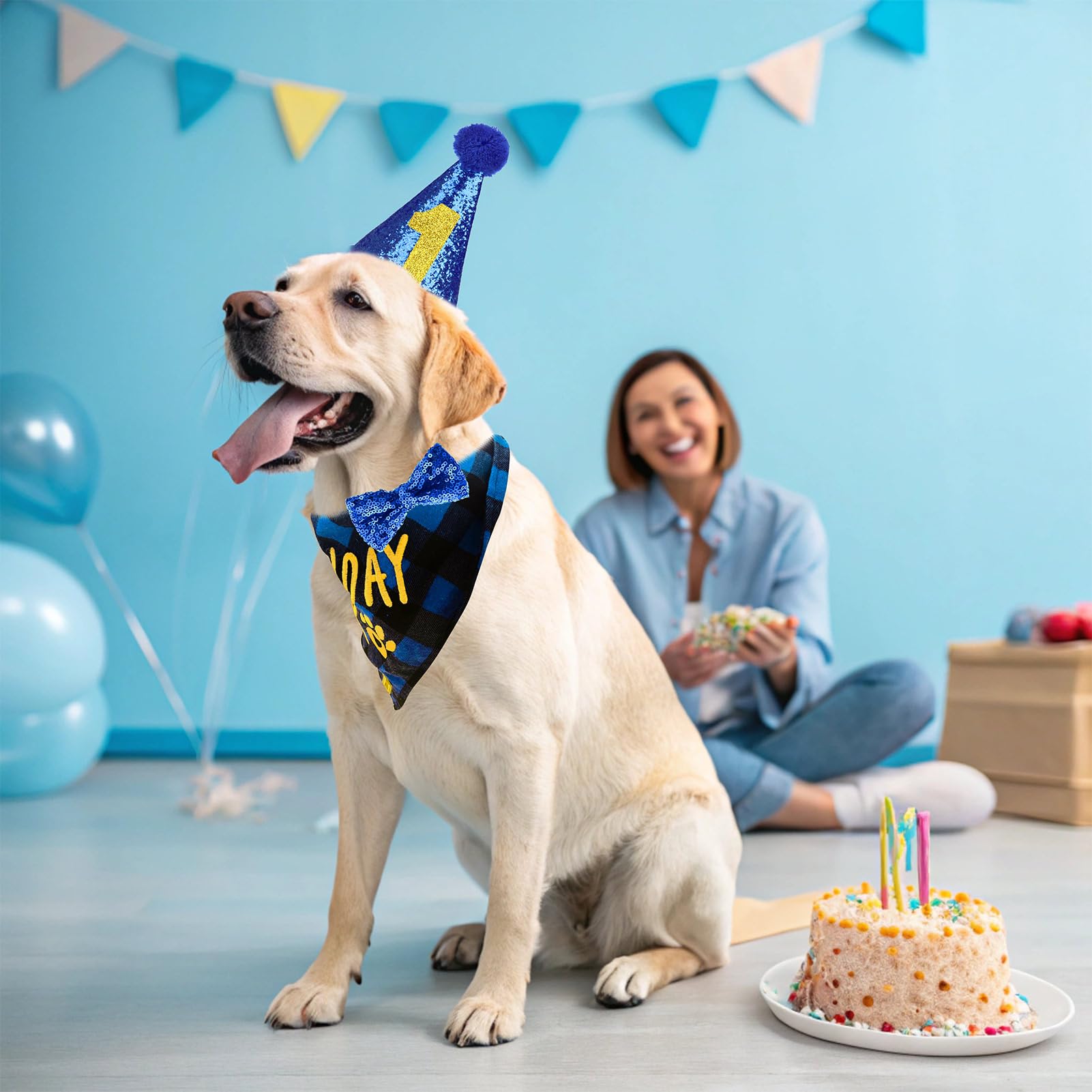 EXPAWLORER Embroidered Dog Birthday Bandana - Dog Birthday Party Supplies, Dog Scarf and Party Hat with Numbers for Boy, Pet Bow Tie Collar, Cute Outfit for Small Medium Large Dogs (X-Large)