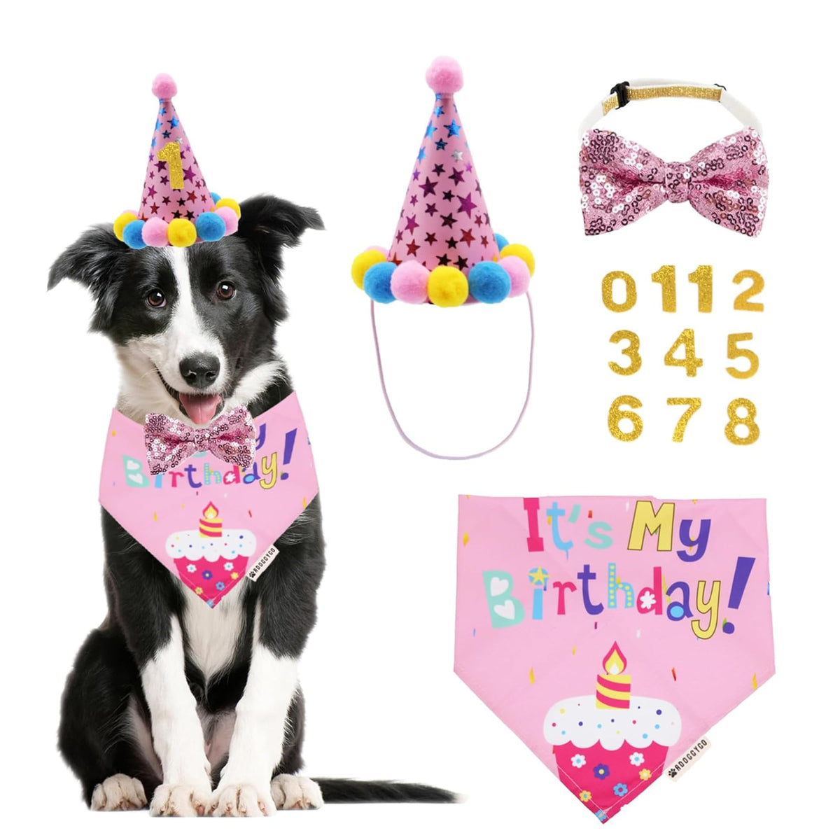 ADOGGYGO Dog Birthday Hat Bandana Bow Tie Set, Navy Blue, Large