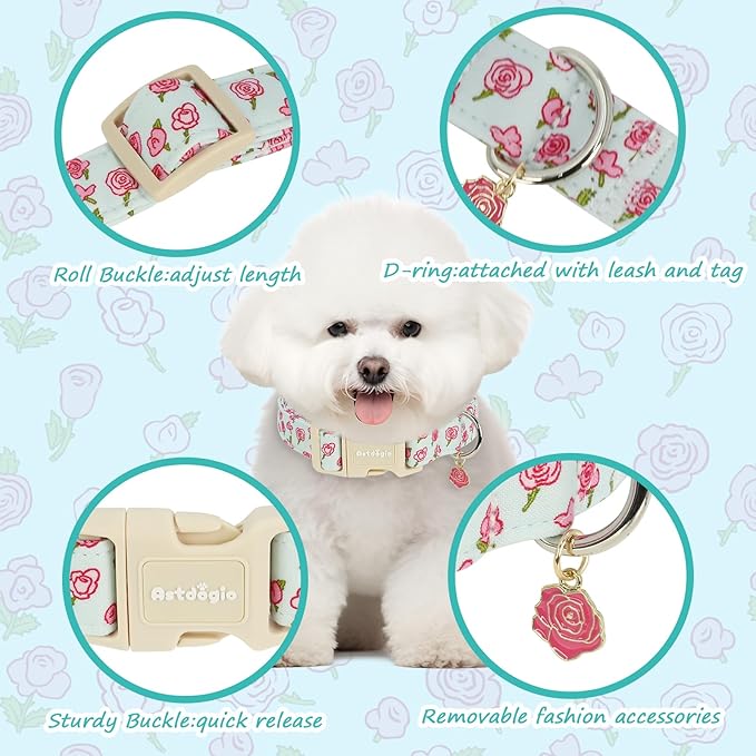 Astdogio Dog Collar for Medium Dogs, Spring &Summer Theme Blue Medium Dog Collars with Pink Rose Pattern, Adjustable Puppy Dog Collars, Cute Girl or Boy Dog Collar Ideal for Gifts,Pet Accessory