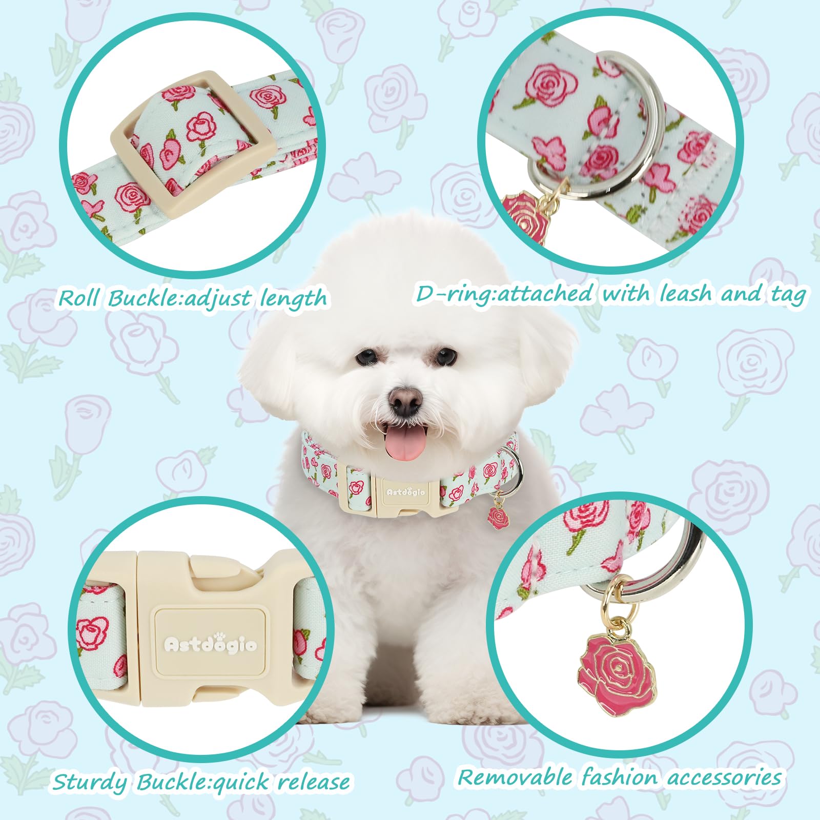 Astdogio Dog Collar for Extra Small Dogs, Spring &Summer Theme Blue Small Dog Collars with Pink Rose Pattern, Adjustable Puppy Dog Collars, Cute Girl or Boy Dog Collar Ideal for Gifts,Pet Accessory