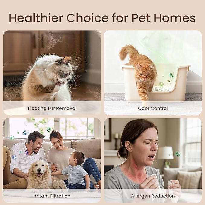 Provirtec Pet Air Purifier for Home with 2 Washable Pre-Filters, H13 HEPA