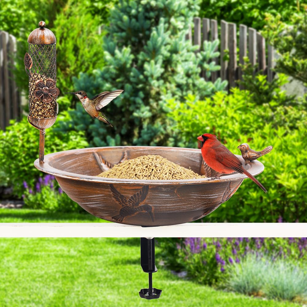 DREAMSOUL Deck Bird Bath with Feeder, 13" Bird Bath for Outside with Adjustable Sturdy Steel Clamp, Metal Birdbath Bowl for Railing Balcony Patio Decor