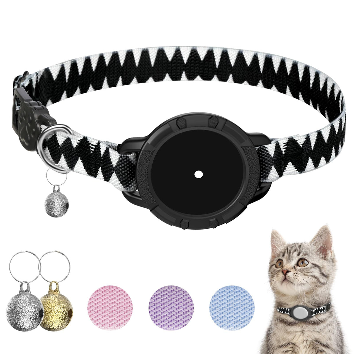 AirTag Cat Collars, Stretchy Collar with AirTag Holder and Bell
