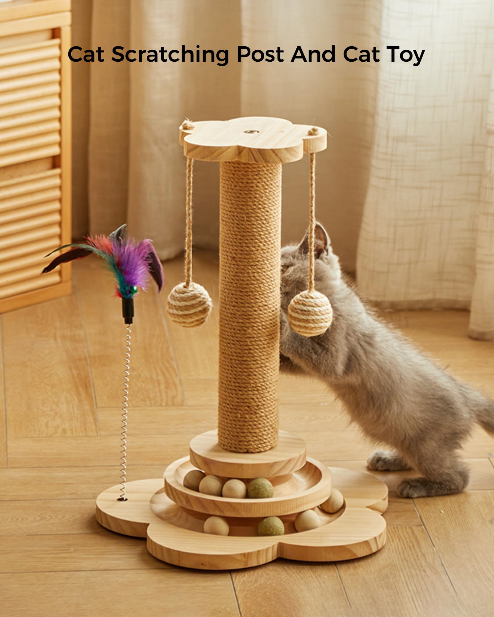 KHALOR Cat Scratching Post for Kittens, 4 in 1 Wooden Cat Scratcher Toy, 17.7" Tall Scratch Post with 2 Level Cat Track Balls, Interactive Feather Toy and 2 Sisal Hanging Balls for Indoor Kittens