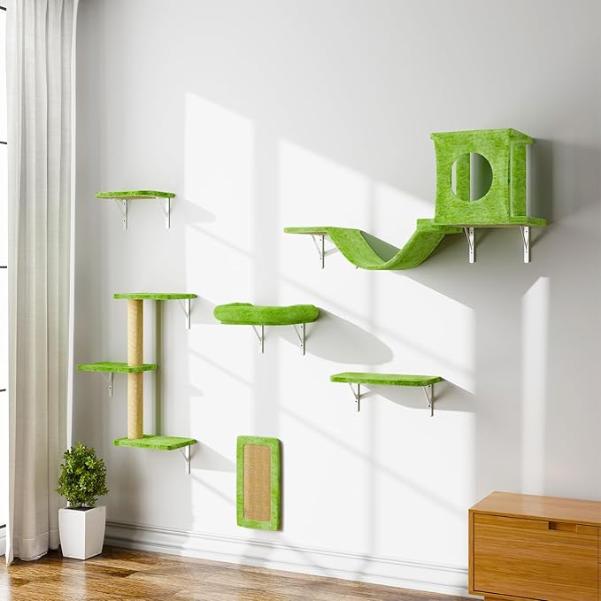 NUNU LAB Cat Wall Shelves, 6 Pcs Luxury Wall-Mounted Cat Climber Set, Green