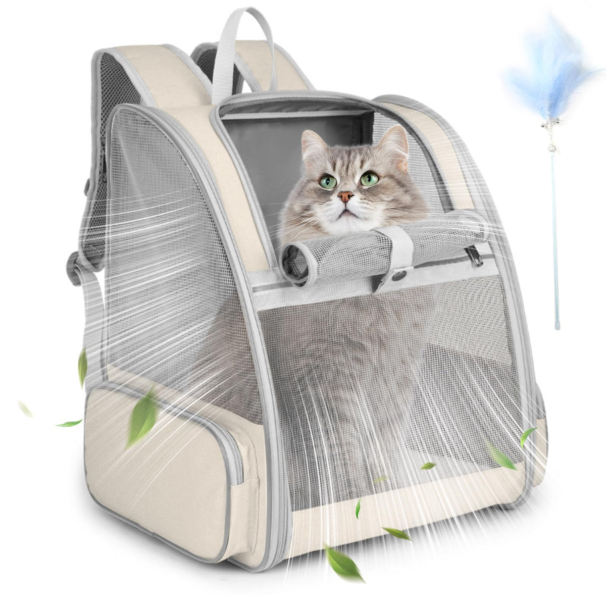 Cat Backpack Carrier, Small Dog Carrier Backpack with Fully Ventilated Mesh, Kitten Wand Feather Toy & Safety Leash, Collapsible Travel Hiking Pet Carrier for Small Dogs Cat Puppy Kitten Bunny (Pink)