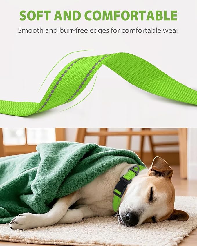 Joytale Dog Collar for Large Dogs, Strong Double-Sided Reflective Nylon Collar for Night Safety, Adjustable Quick-Release for Daily Walking, Green, L (1" Width)