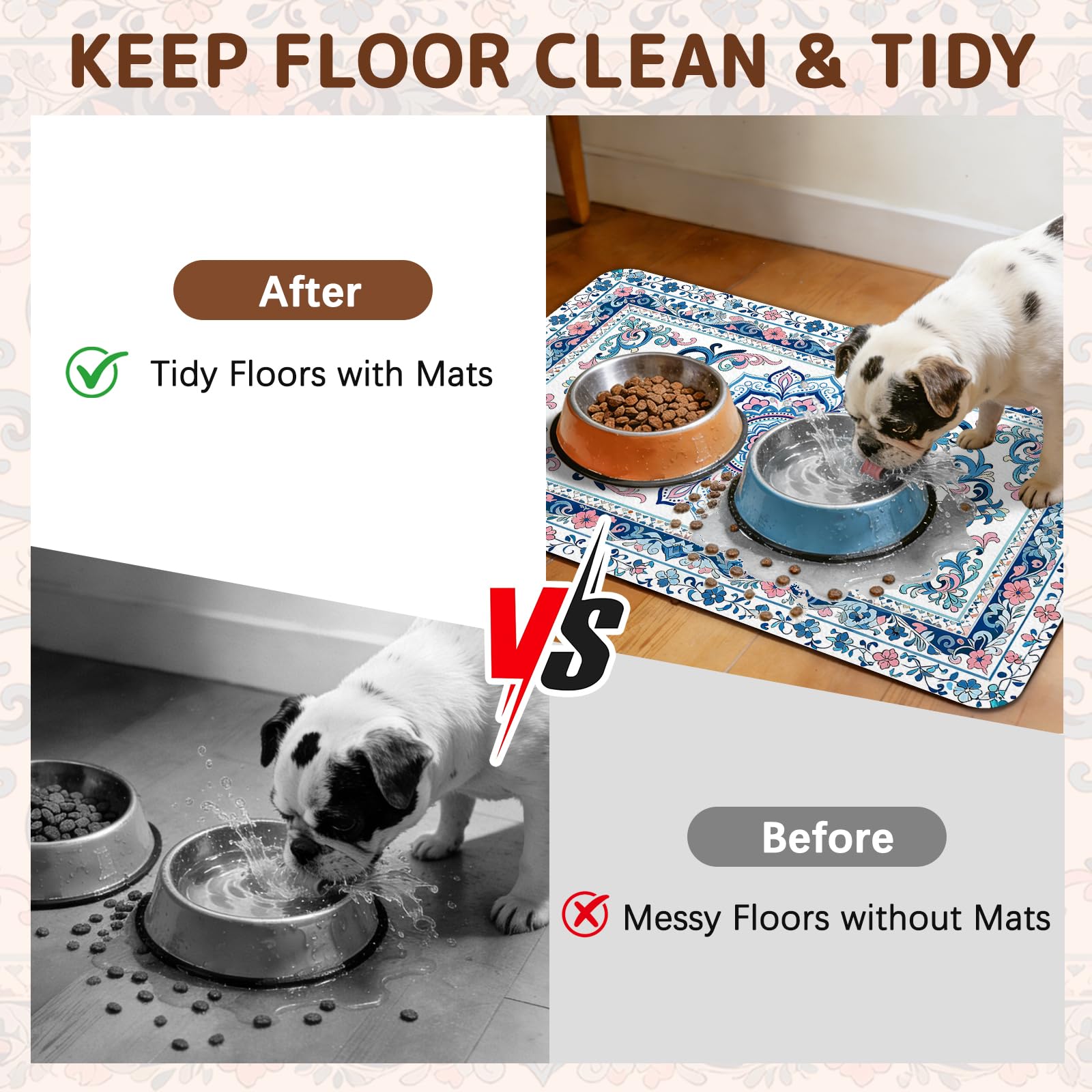 Dog Food Mat for Bowls, Absorbent Quick Dry Dog Cat Mats for Food and Water, Non-Slip Backing Pet Mat Pet Supplies - Blue Vintage Floral Pattern
