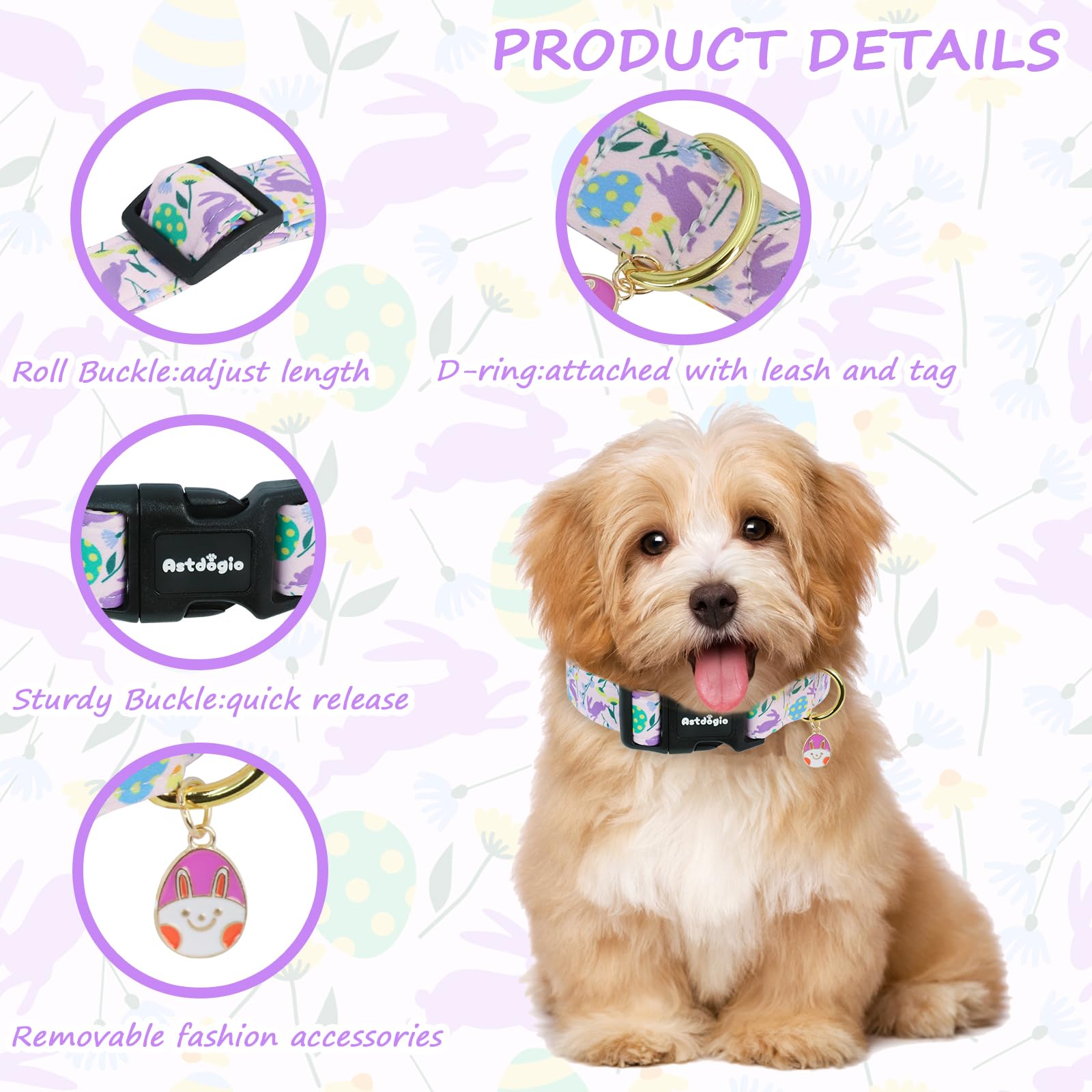 Astdogio Easter Dog Collar, Spring Easter Egg Print Dog Collar with Purple Rabbit, Adjustable Cotton Puppy Collars Girl Boy Collar for Small Medium Large Dogs -XS