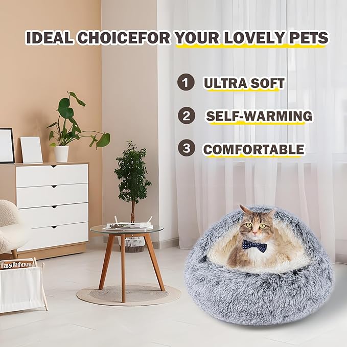 Cat Bed for Indoor Cats, Calming Cozy Cave with Self-Warming Plush, Entire Bed Machine Washable & Anti-Slip Base, Breathable Pet Bed for Small Cats&Dogs All Seasons (Grey, 20 * 20inch)