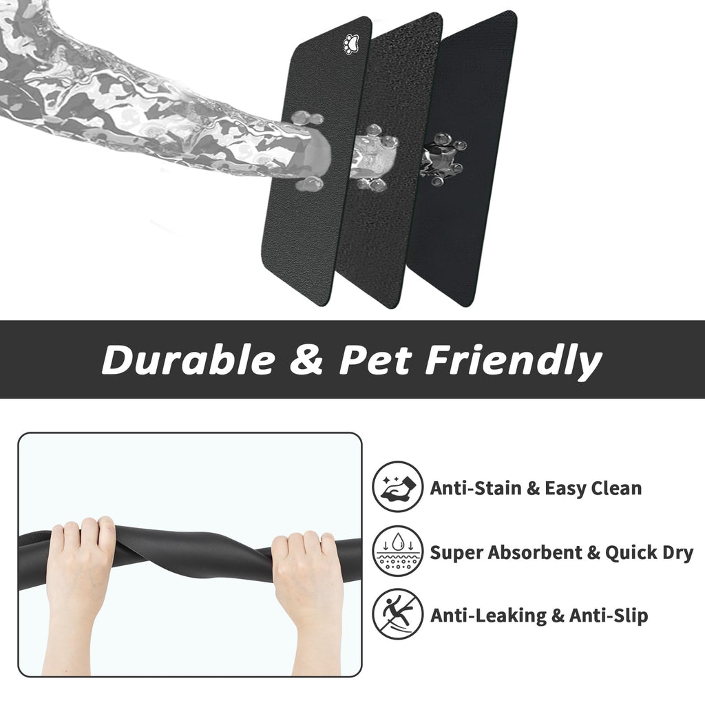 HotLive Dog Food Mat - Absorbent Cat Mat for Food and Water, No Stains Pet Feeding Bowl Mat, Easy to Clean Pet Placemats, Quick Dry Dog Water Dispenser Mat for Messy Drinkers | Paw Black 16"x 24"
