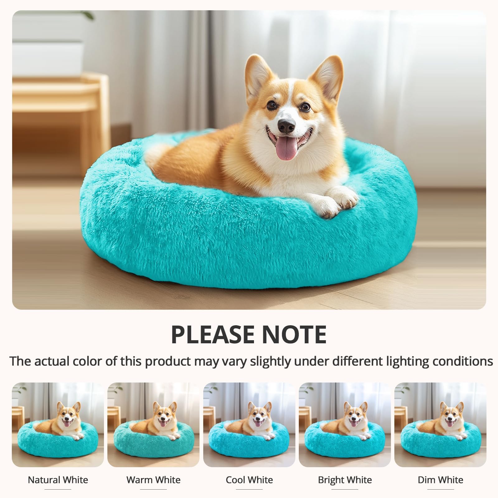 JOLLYVOGUE Calming Small Dog & Cat Bed for Indoor Cats - 20 inches Washable Donut Bed for Kittens & Puppies, Anti-Anxiety Round Fluffy Plush Pet Beds (Fits up to 15 lbs, Aqua Blue)