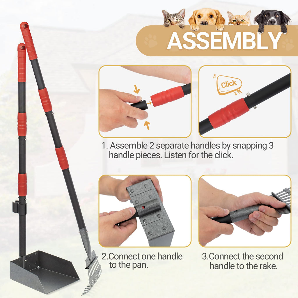 Dog Pooper Scooper, Dog Poop Tray and Rake Set with Long Stainless Handles