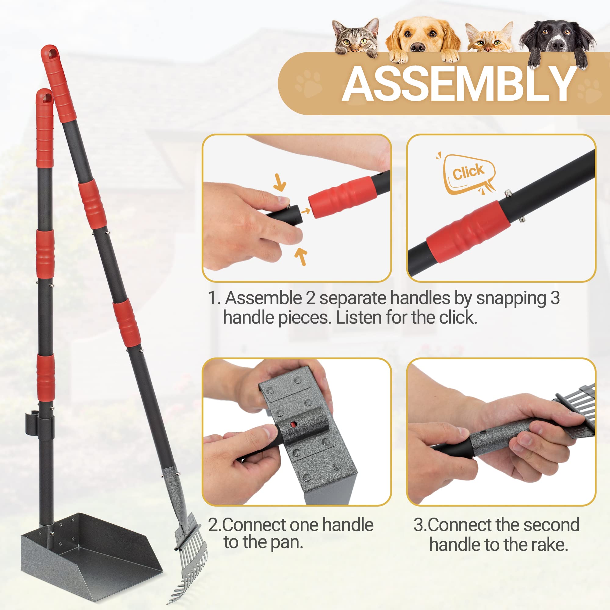 Dog Pooper Scooper, Dog Poop Tray and Rake Set with Long Stainless Handles