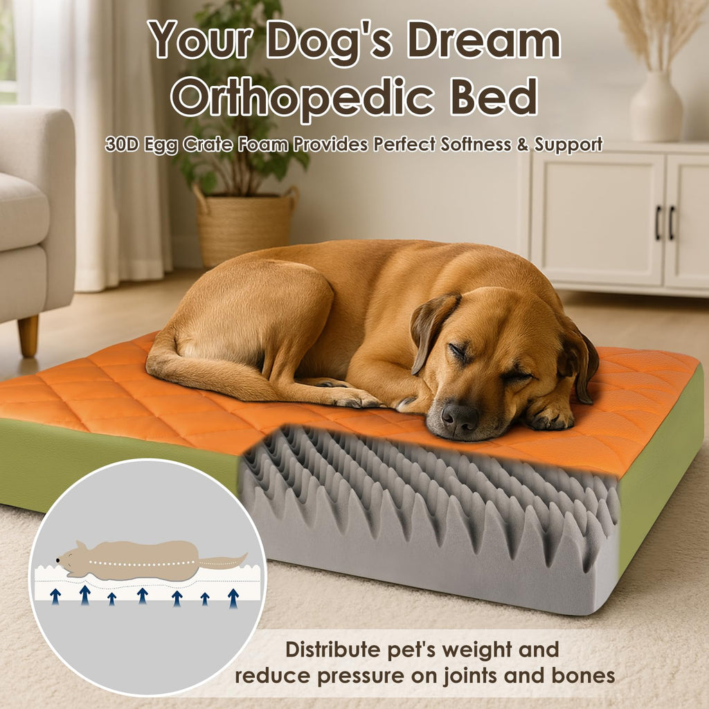 35.5" x 23.5" x 4.7" Large Orthopedic Dog Beds, Waterproof Faux Leather Memory Foam Dog Bed, Egg Crate Foam Support & Non-Slip Bottom Pet Beds for Medium Dogs and Large Dogs, Easy to Clean