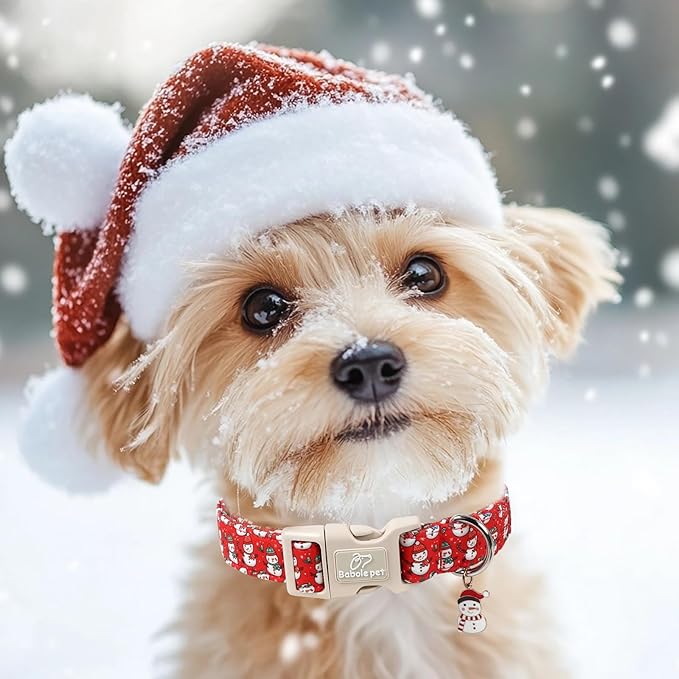 Babole Pet Christmas Dog Collar - Cute Red Snowman Christmas Puppy Collar with Safety Buckle, Soft Adjustable Holiday Dog Collars for Small Medium Large Dogs S