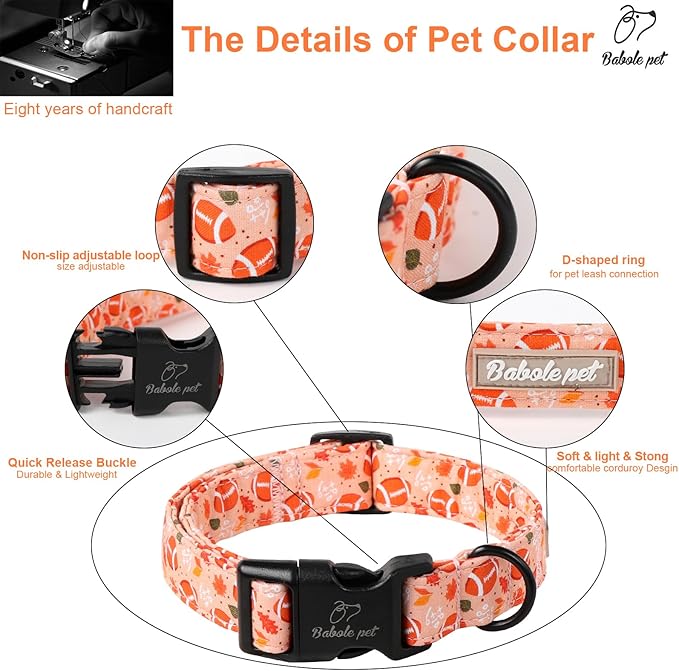 Babole Pet Fall Dog Collar, Cute Football Pattern Puppy Collar, Orange Adjustable Cotton Holiday Tanksgiving Dog Collars for Small Medium Large Boy&Girl Dogs L