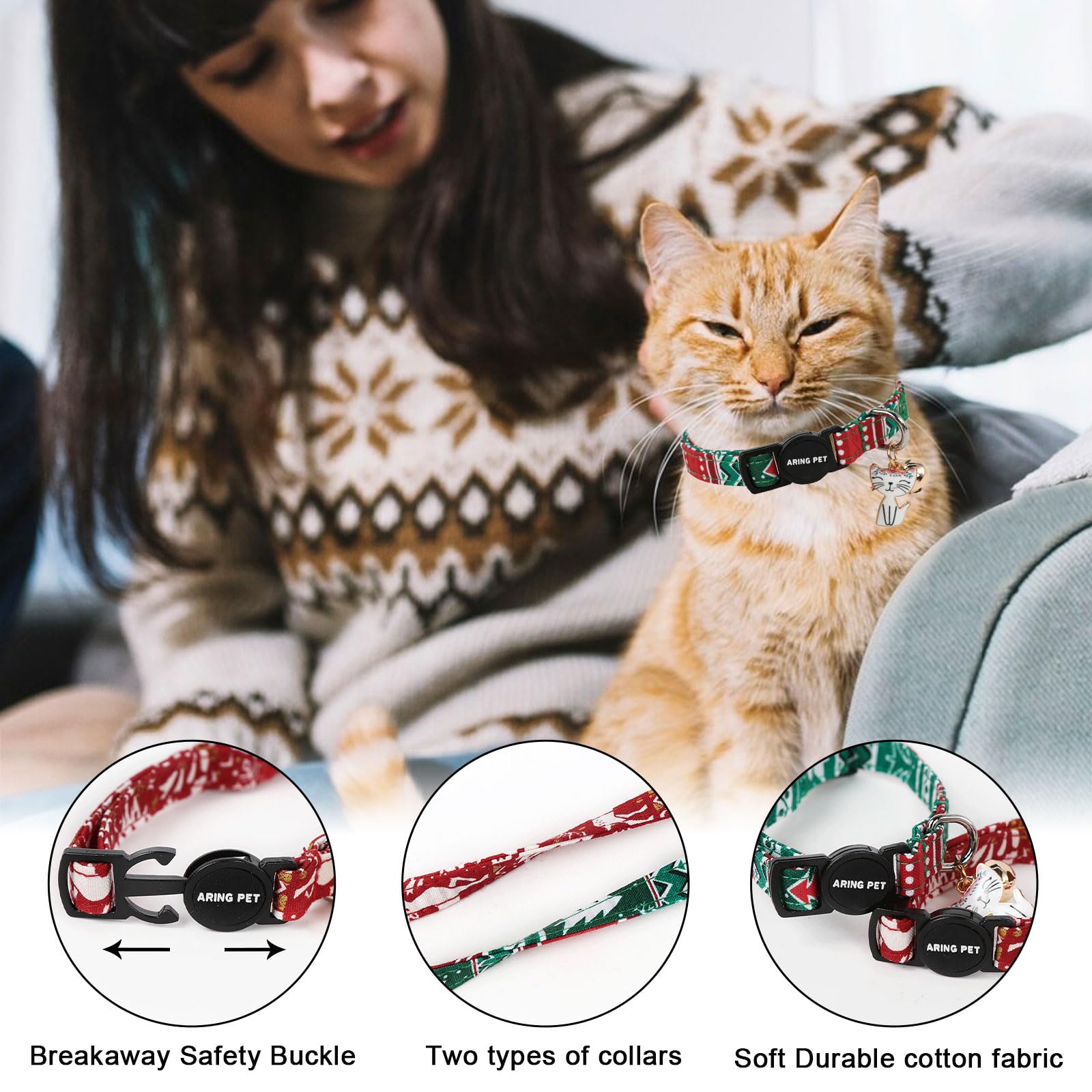ARING PET 2 Pack Christmas Cat Collars-Cute Cat Collar Breakaway with Bell&Pendant, Adjustable Red Green Kitten Collars with Safety Buckle for Girl and Boy Cats