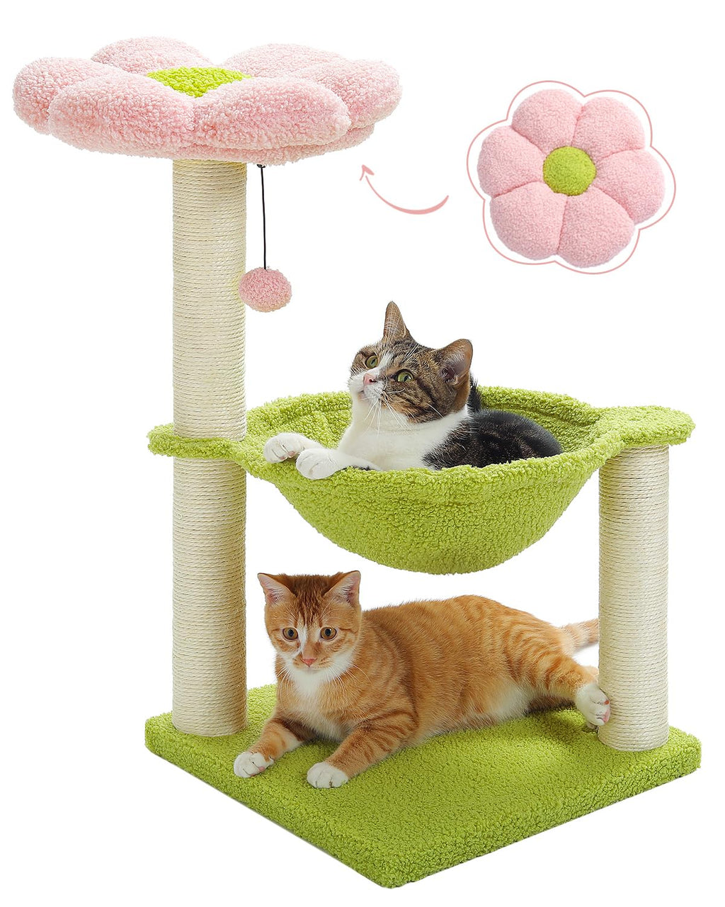 MUTTROS Flower Cat Tree, 28" Cat Tower with Cozy Flower Perch, Large Hammock for Indoor Small Cats, Cute Cat Tree with Sisal Scratching Post and Fur Toy Ball for Kittens, Pink