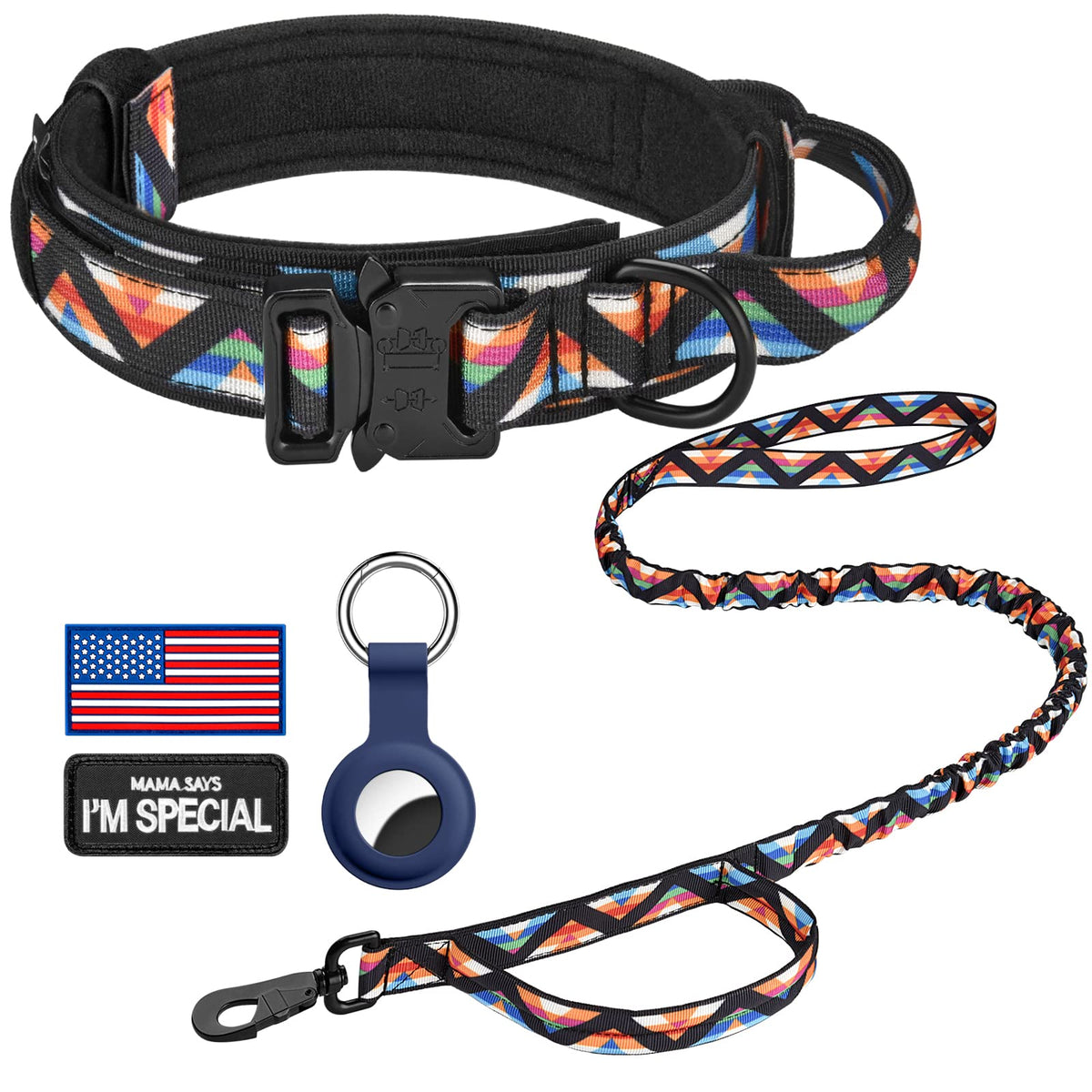 DAGANXI Tactical Dog Collar, Adjustable Military Training Nylon Dog Collar with Control Handle and Heavy Metal Buckle for Medium and Large Dogs, with Patches and Airtags Case (L, Pink)