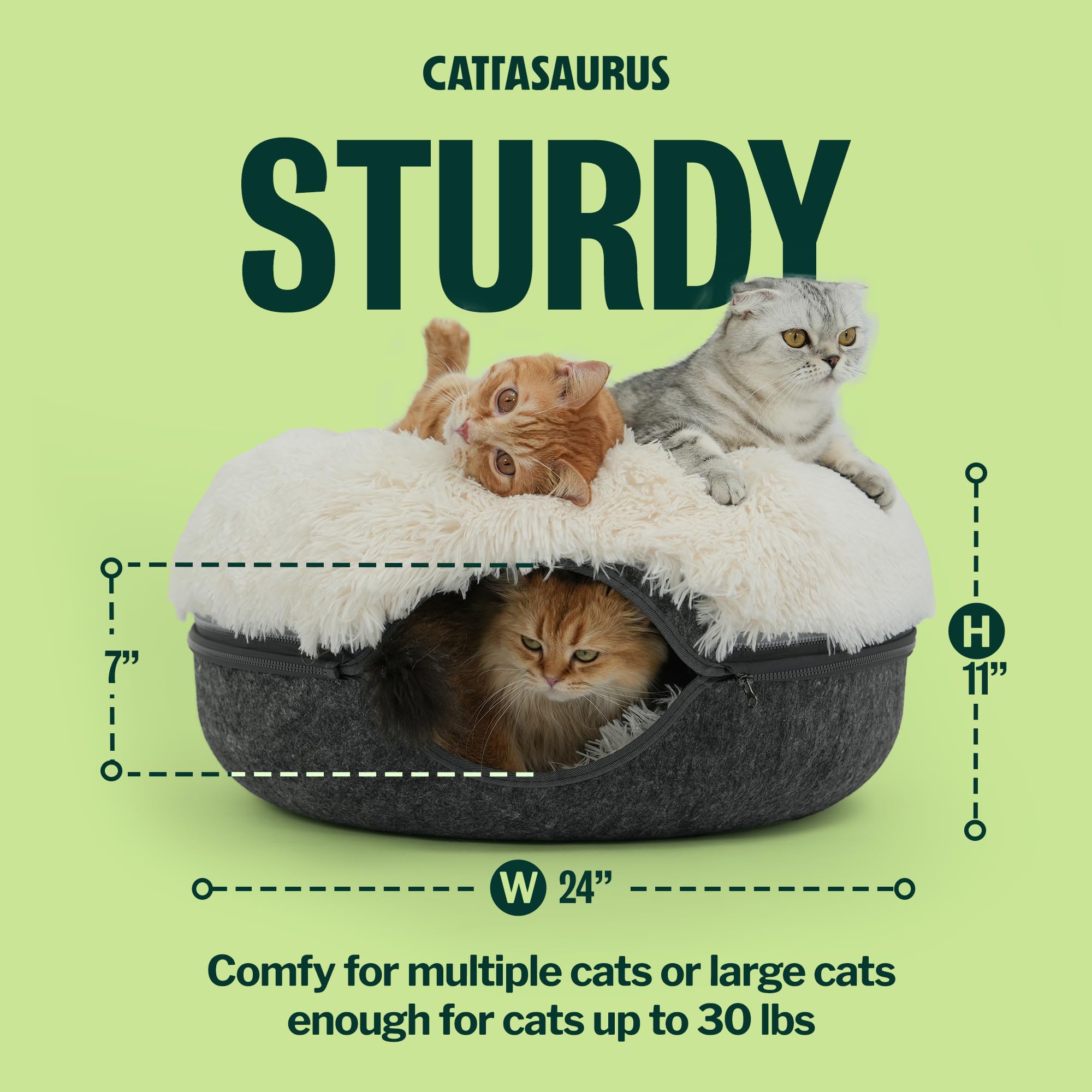 Cattasaurus Peekaboo Cat Cave for Multiple & Large Cats Up to 30-45 Lbs, Fluffy Cat Beds for Indoor Cats, Scratch Detachable & Washable Tunnel Bed, Comfy Donut Cave (Dark Gray, Large (Calming))