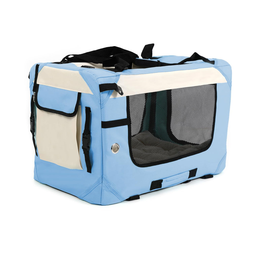 Sivlefoss Collapsible Travel Dog Crate Portable Soft-Sided Pet Kennel Extra Large Cat Carrier with Soft Plush Fur Mat for Indoor and Outdoor,28x20x20in Sky Blue