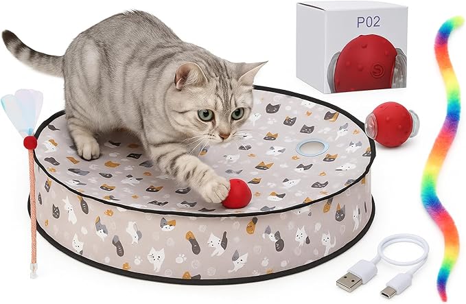 Interactive Cat Toys for Indoor Cats – Moving Ball Cat Play Mat, Interactive Toys for Cats with Rolling Motion for Exercise, Mental Stimulation & Boredom Relief, Rolling Ball in 28" Playing Mat