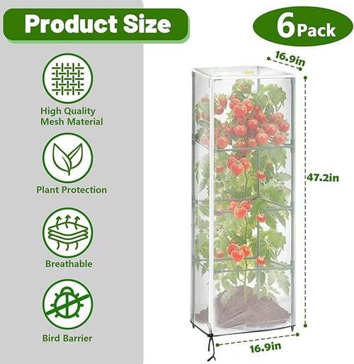 6 Pack 47.2 * 16.9 * 16.9inch Plant Cover for Square Tomato Cage,Tomato Trellis Mesh Netting Covers with Zipper Drawstring Bird Netting for Garden Protection