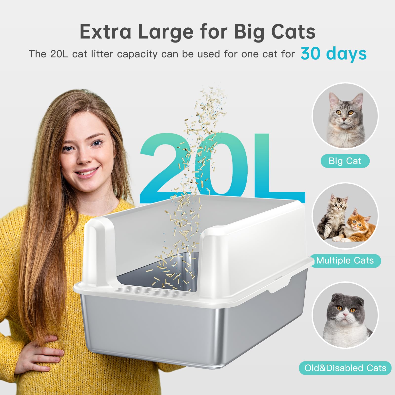 Stainless Steel Cat Litter Box, XL High Sided Open Top Pan with Scoop