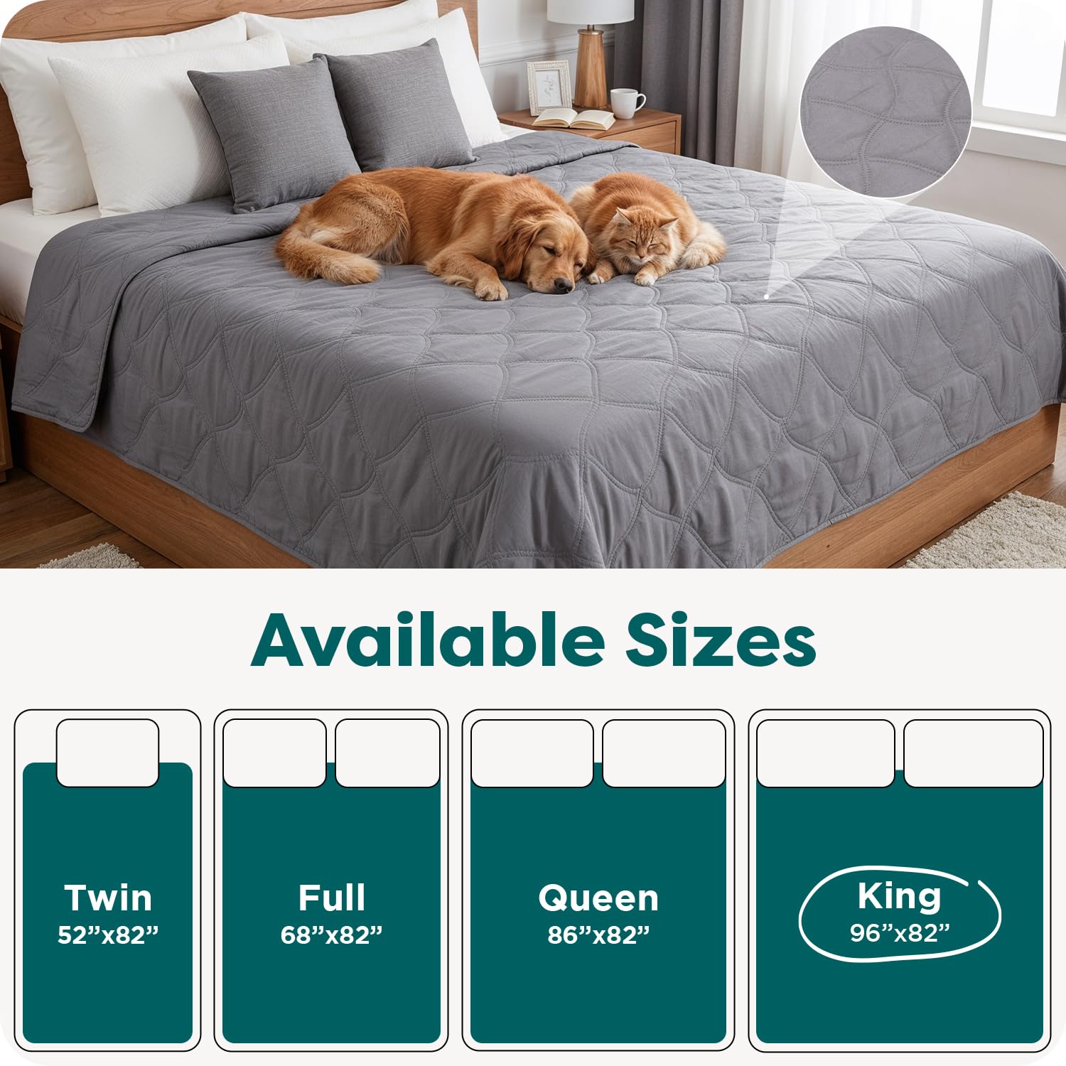 FurHaven Waterproof Blanket & Furniture Protector Cover with Non-Slip Backing, Machine Washable, Jumbo/King, Quilted Twill, Gray