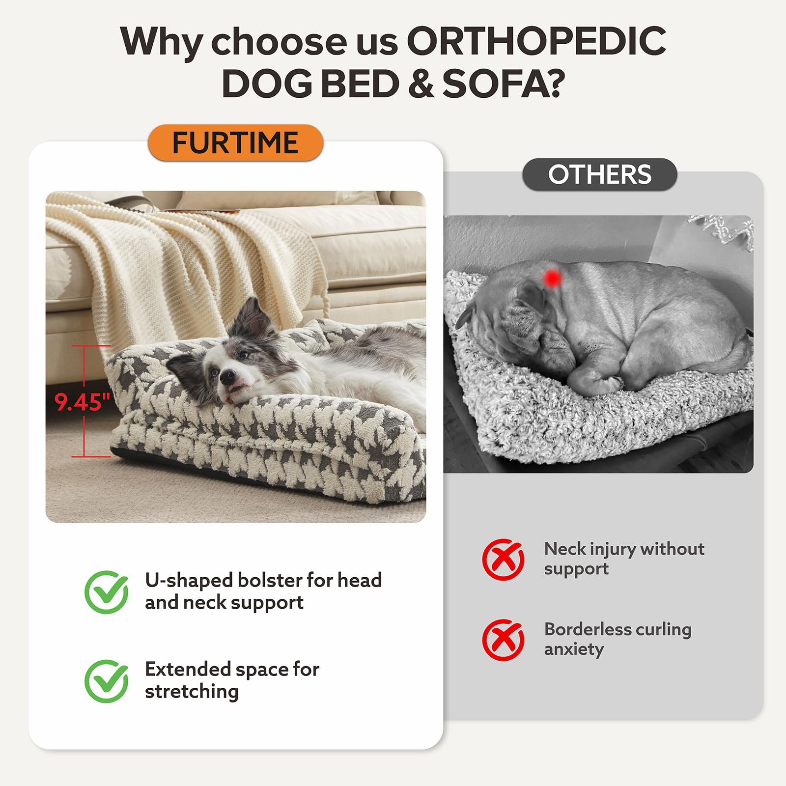 Orthopedic Dog Beds for Medium Dogs Washable, Detachable Side Bolster and Pillow, Medium Dog Sofa with Memory Foam, with Removable Cover and Non-Slip Bottom, Grey