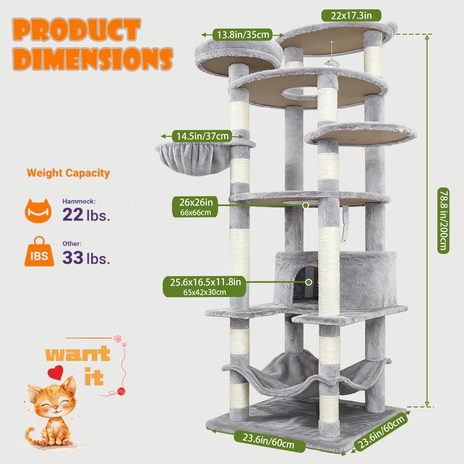 KWOJU 78.8" Large Cat Tree Tower for Indoor Kitties, Multi-Level Furniture Activity Center for Tall Cat Condo with Cozy Perches,Sisal Scratching Posts,Hammock and Basket (78.8 inch Light Gray)