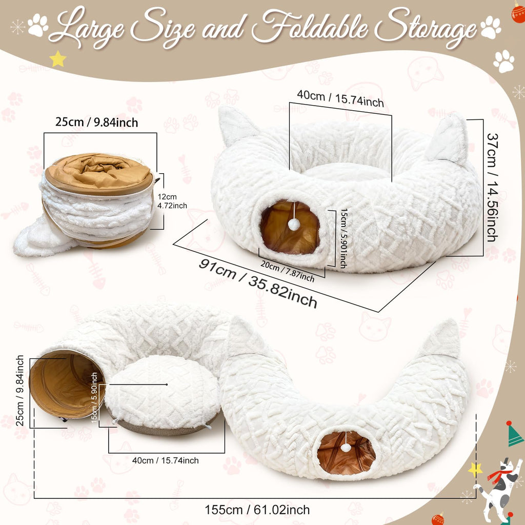 White Plush Christmas Cat Tunnel Tree Skirt with 11Pcs Interactive Cat Toys