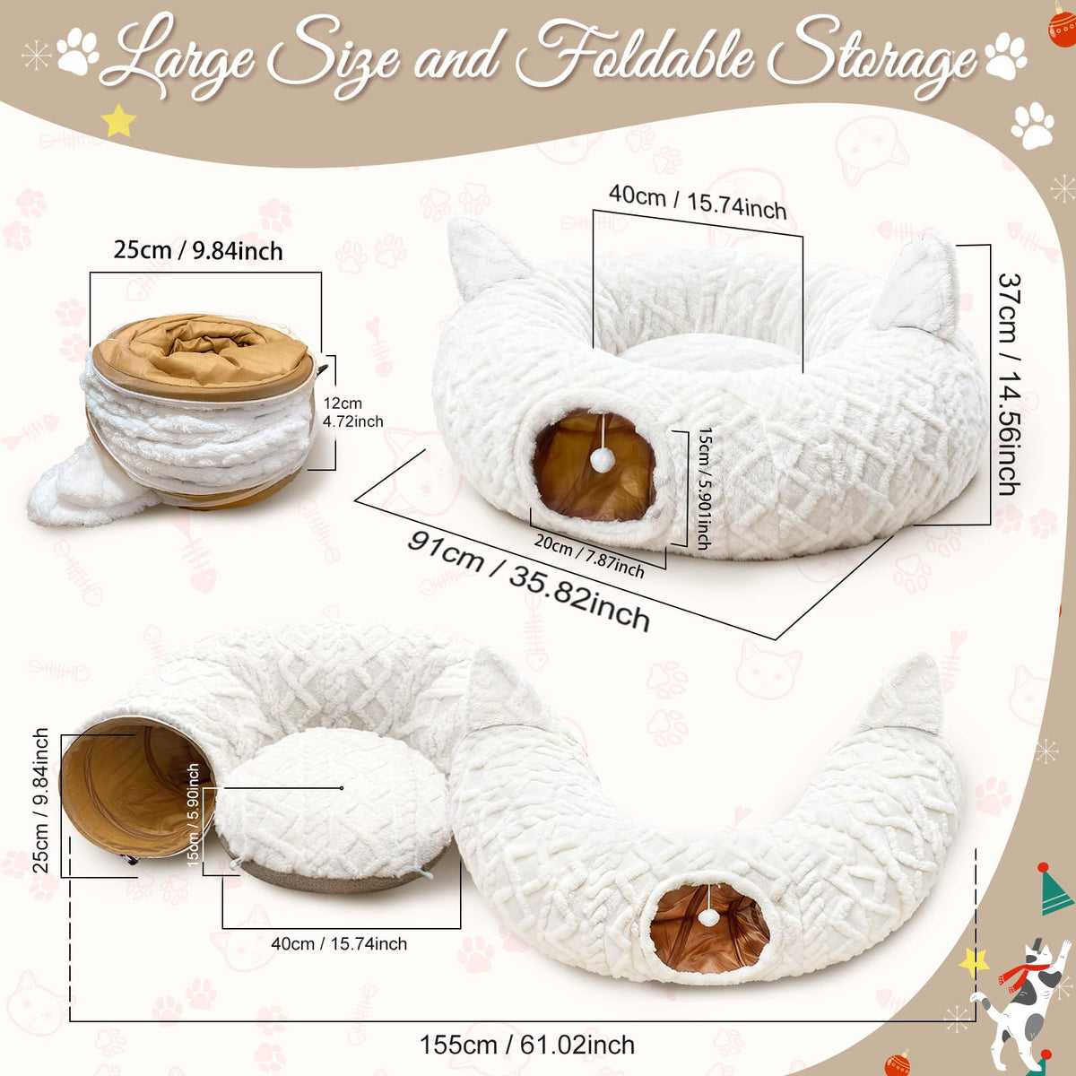 White Plush Christmas Cat Tunnel Tree Skirt with 11Pcs Interactive Cat Toys