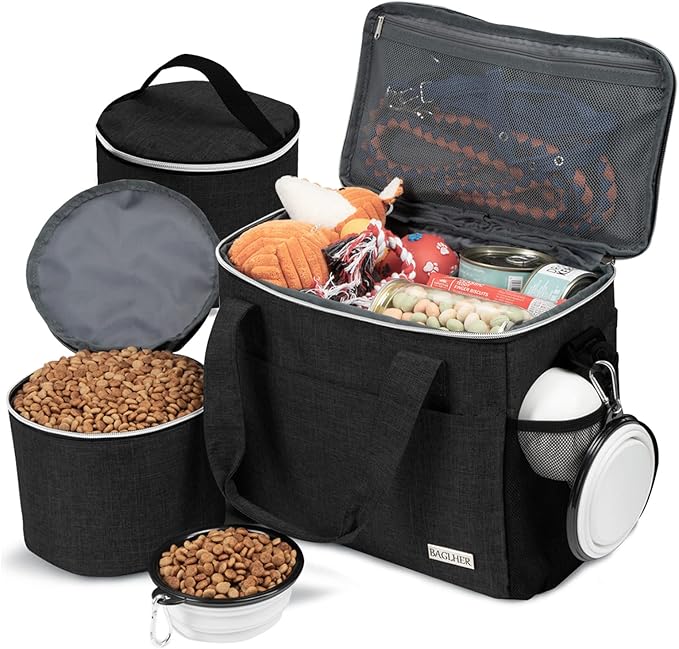 BAGLHER Dog Travel Bag for Supplies - Double-Layer Airline Approved Weekend Pet Travel Organizer Set for Dog and Cat Tote with 2 Pet Food Containers and 2 Collapsible Silicone Bowls Green
