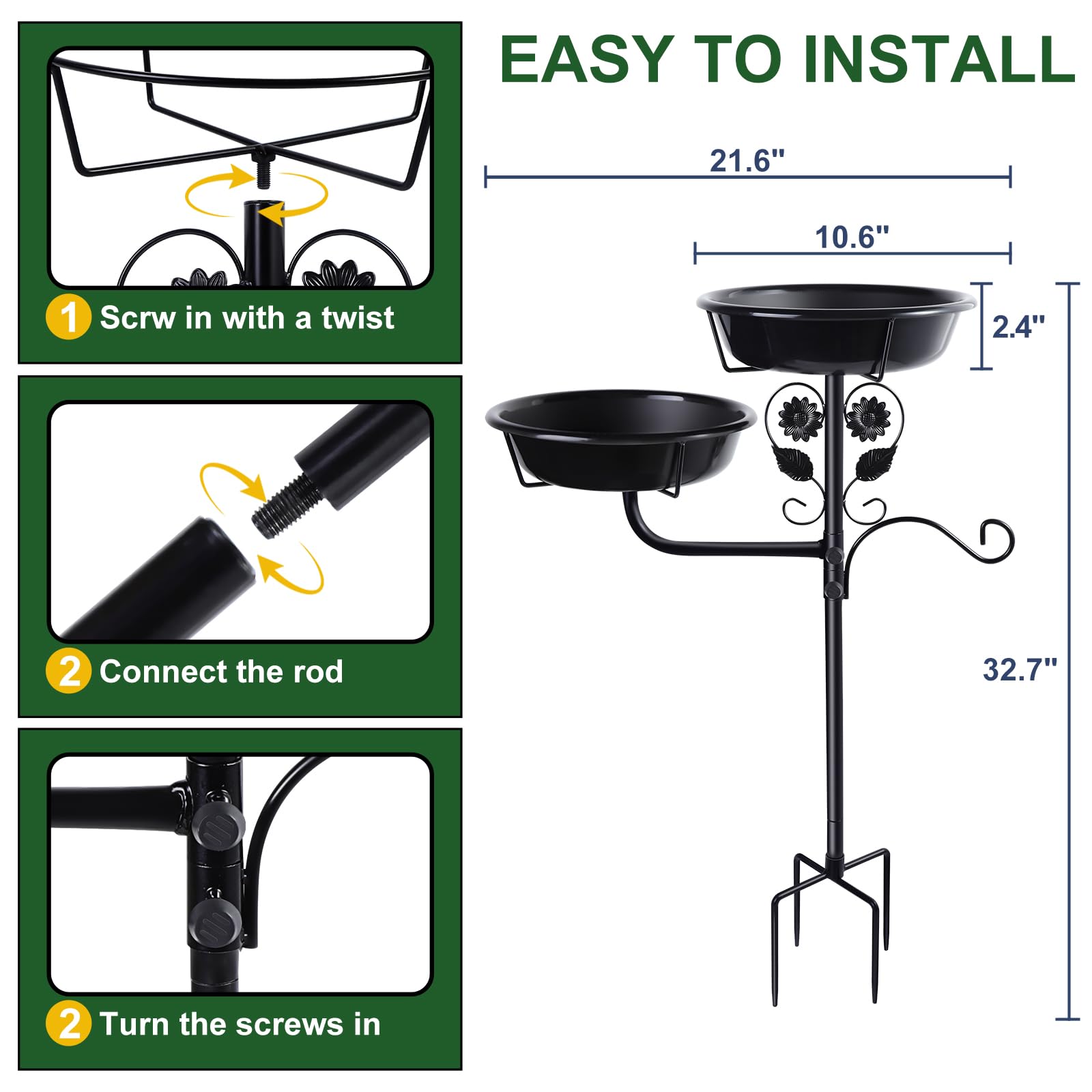 32.7 Inch Metal Bird Bath for Outside, Bird Baths for Outdoors, Bird Feeder