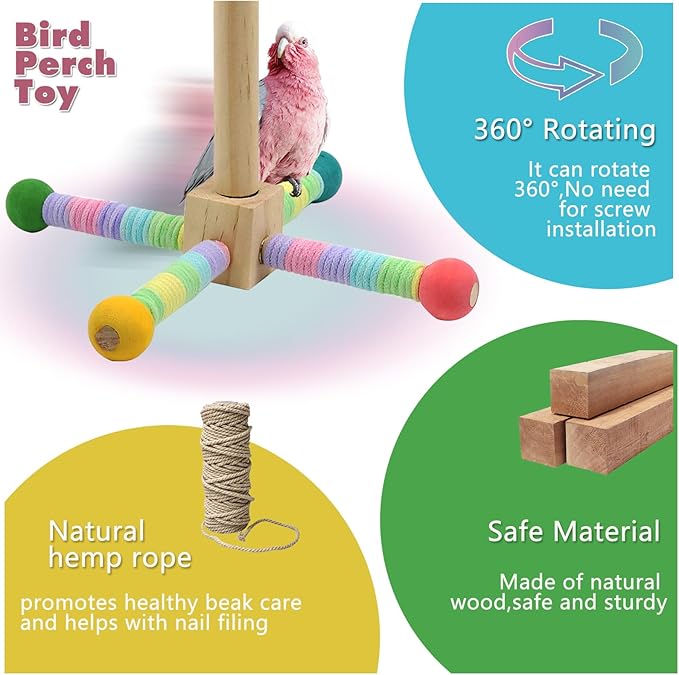 FAILUN Upgraded Parrot Perch Toy,Rotating Bird Perch Stand with Chew Ball Toy for Small&Medium Birds,Bird Cage Accessories for Parakeets Cockatiels Lovebirds Conures Finches Budgies (Rainbow Colors)