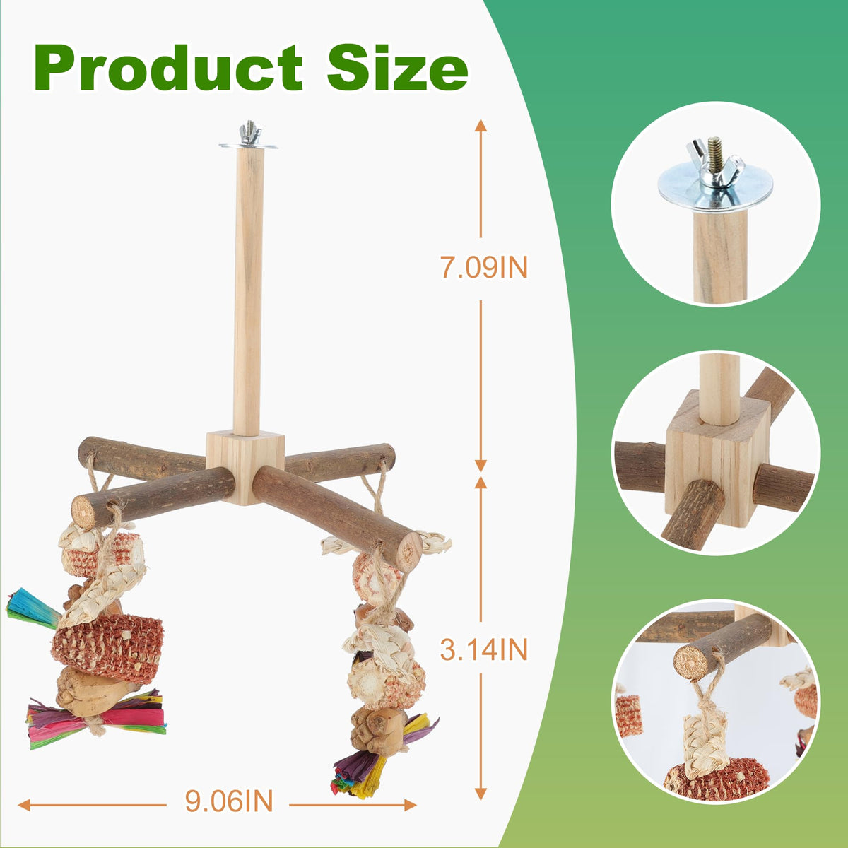 RENEWREVITAL Rotating Bird Perches, Natural Wooden Perch with Chew Toy, Bird Toys for Small & Medium Birds, Large, Natural Wood Color, 1 Set
