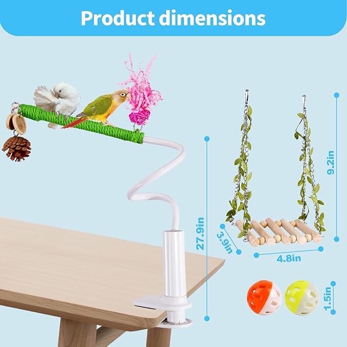 ZooVibe Bird Perch Stand with Swing, Desktop Bird Toy & Stand for Interacting, Interactive Playground for Sun Conure, Lovebirds, Conure, Budgie, Cockatiel - Non-Slip Adjustable Perch
