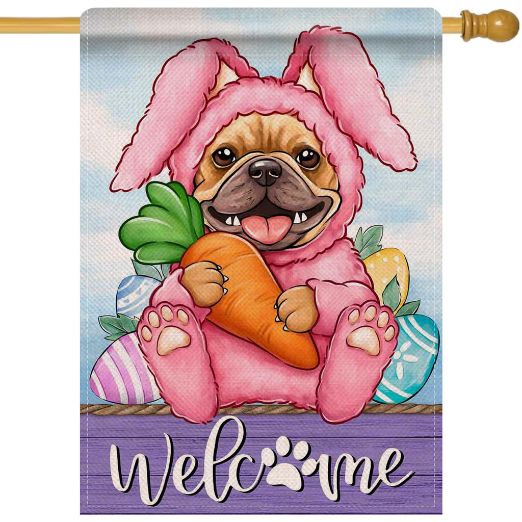 Artofy Welcome Easter Bunny Dog Large Decorative House Flag, French Bulldog