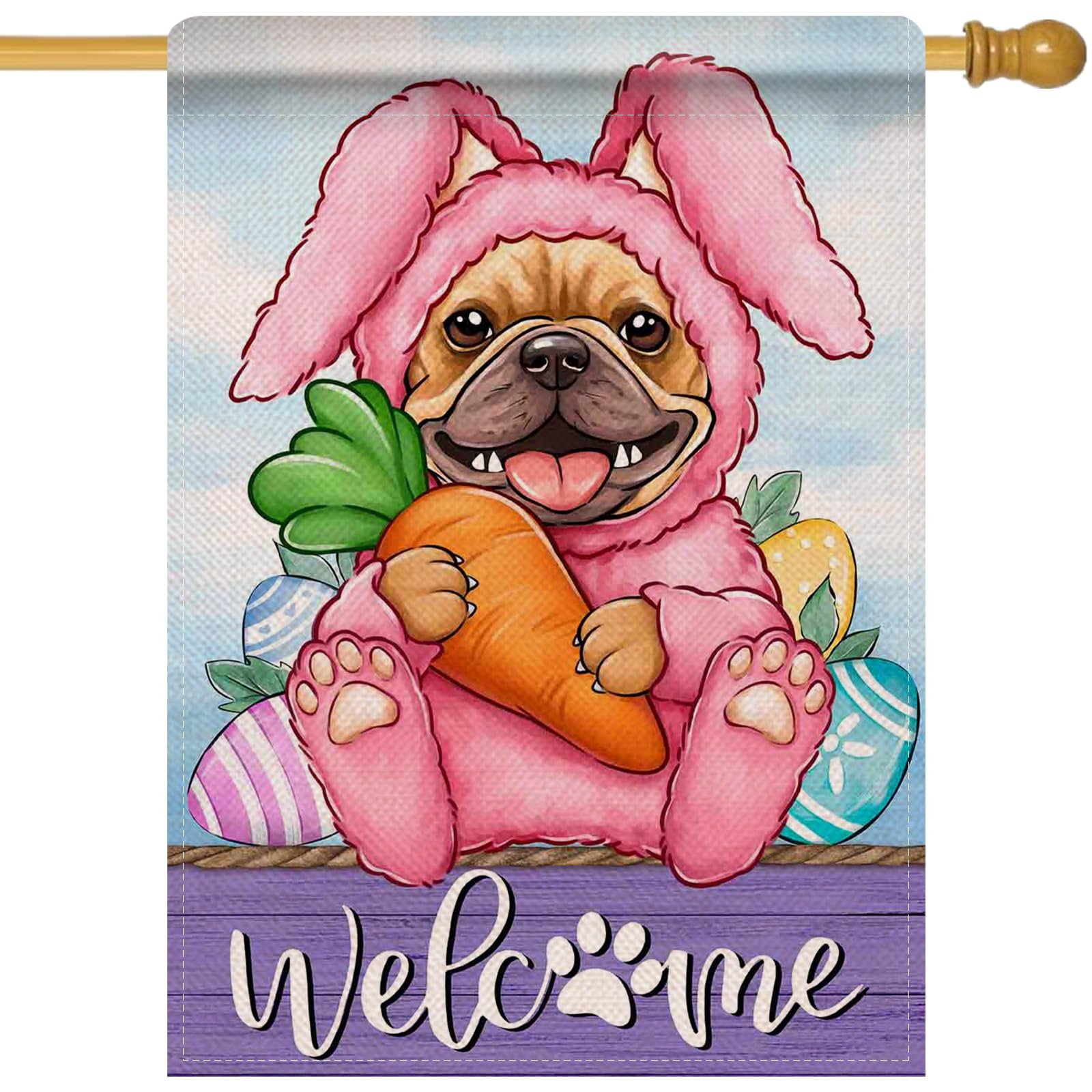 Artofy Welcome Easter Bunny Dog Large Decorative House Flag, French Bulldog
