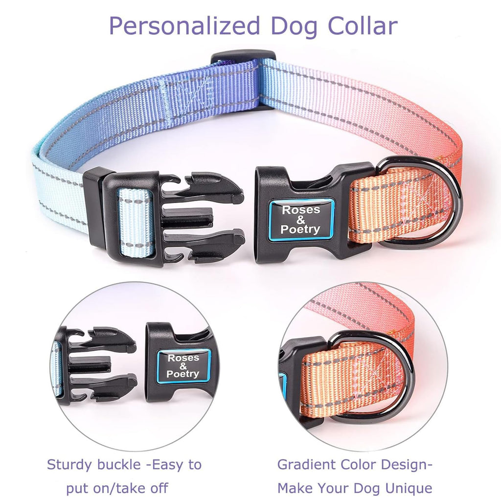 Roses&Poetry Reflective Dog Collar with Gradient Azure, Adjustable Durable Pet Collars for Small Medium Large Dogs (Azure-S)