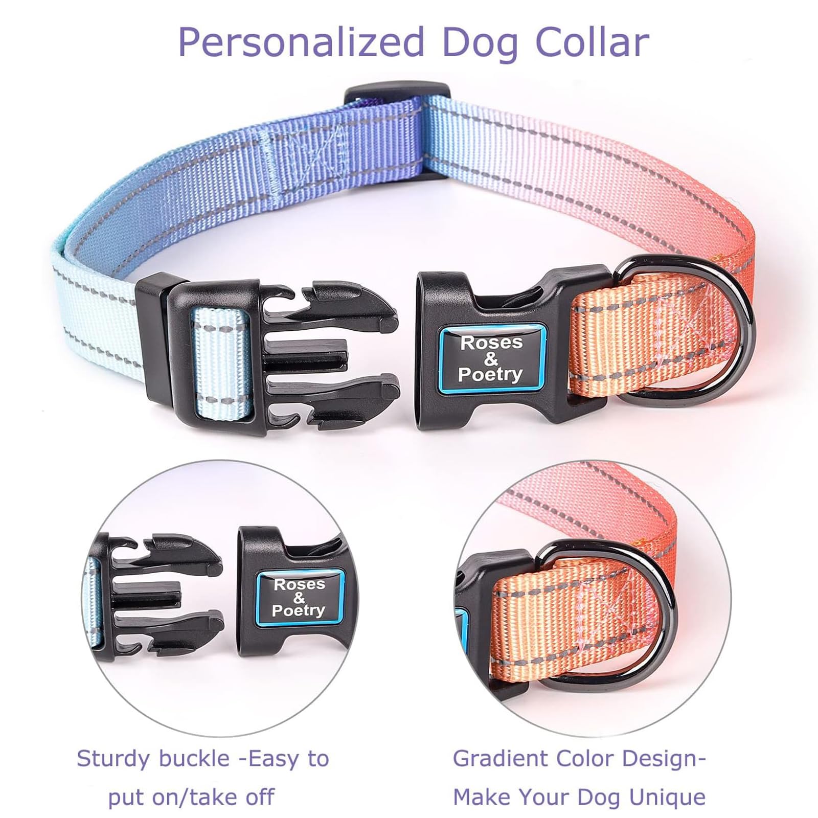 Roses&Poetry Reflective Dog Collar with Gradient Azure, Adjustable Durable Pet Collars for Small Medium Large Dogs (Azure-S)