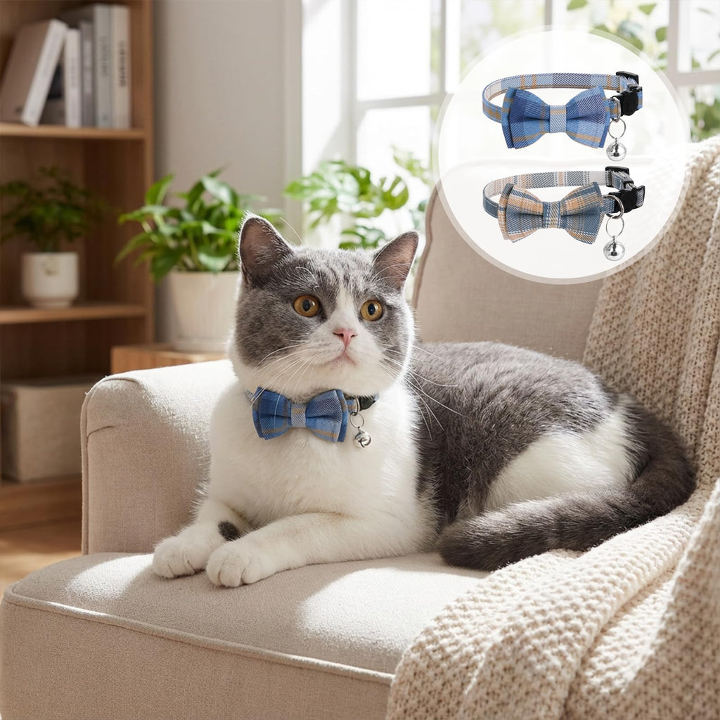 Xyembu 2Pcs Cat Collar Breakaway, Cute Plaid Cats Collar with Bells Soft Adjustable Kitten Accessories, Cat Bowtie Collar with Cat Buckle for Kitten Puppy and Small Pets
