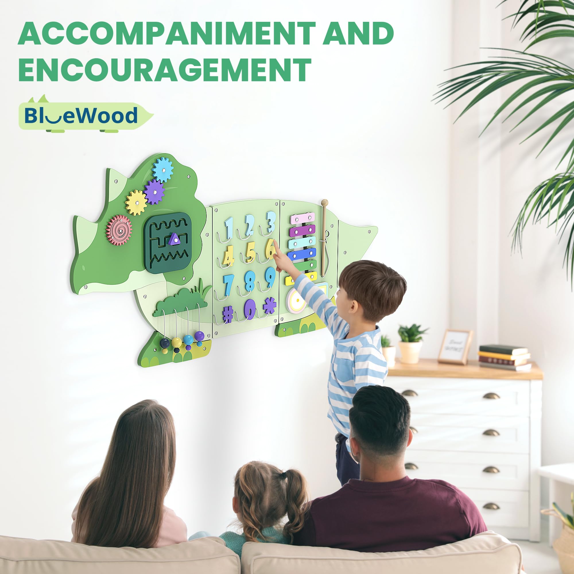 BlueWood Wooden Wall Busy Board Panels, Toddler Learning Activity Center, Montessori Philosophy Sensory, Educational Toys, Conducive to All-Round Development - Triceratops