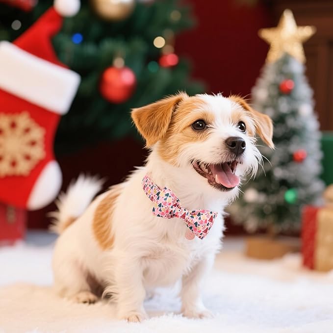 UP URARA PUP Christmas Dog Collar with Bow Tie, Pink Christmas Tree Collars for Dogs, Adjustable Pet Collar with Cute Xmas Tree Pendant, Winter Dog Accessories for Small Medium Large Dogs S