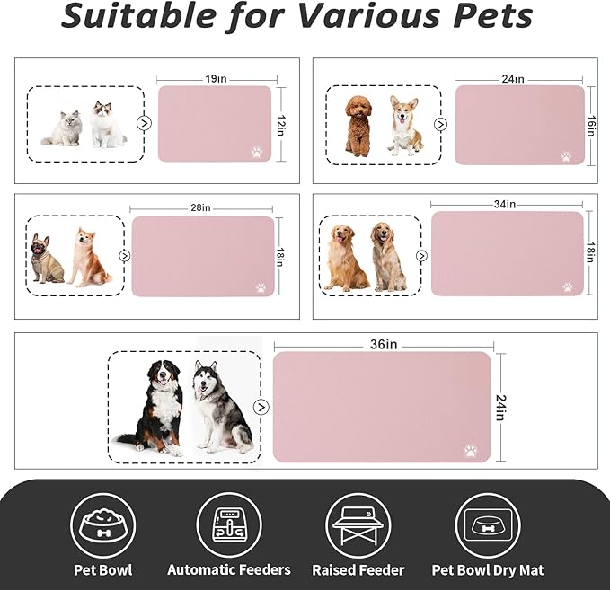 HotLive Dog Food Mat - Absorbent Cat Mat for Food and Water, No Stains Pet Feeding Bowl Mat, Easy to Clean Pet Placemats, Quick Dry Dog Water Dispenser Mat for Messy Drinkers | Paw Pink 18"x28"