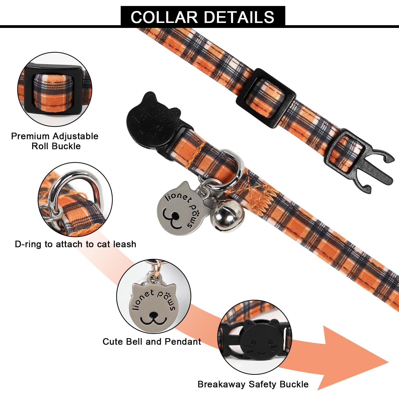 Lionet Paws 2pcs Pack Halloween Cat Collar,Brown Blossoms and Black Brown Grid with Breakaway Buckle,Cute Adjustable Cat Kitten Collar,Ideal for Girl Cats